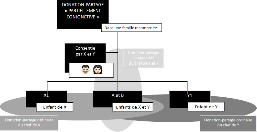 DONATION-PARTAGE 
« PARTIELLEMENT CONJONCTIVE »
,Dans une famille recomposée,Consentie
par X et Y

,Donation-partage
conjonctive
du chef de X et Y
,Donation-partage ordinaire
du chef de X
,Donation-partage ordinaire
du chef de Y
,X1,A et B,Y1,Enfant de Y,Enfants de X et Y,Enfant de X,   