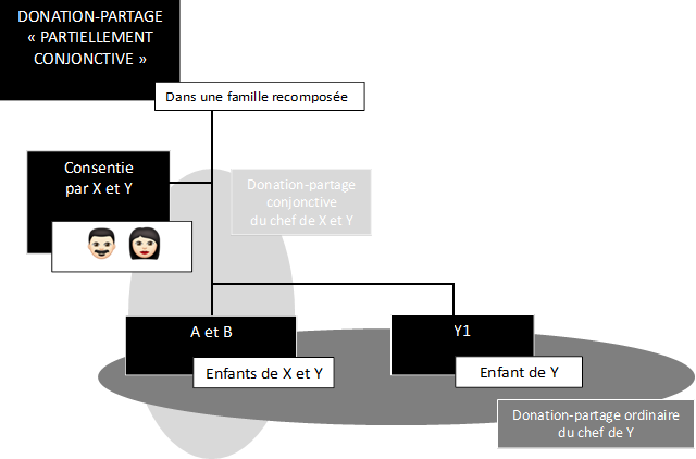 DONATION-PARTAGE 
« PARTIELLEMENT CONJONCTIVE »
,Dans une famille recomposée,Consentie
par X et Y

,Donation-partage
conjonctive
du chef de X et Y
,Donation-partage ordinaire
du chef de Y
,A et B,Y1,Enfant de Y,Enfants de X et Y,   